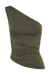 Sarah One Shoulder Modal Asymmetric Top - Military Olive